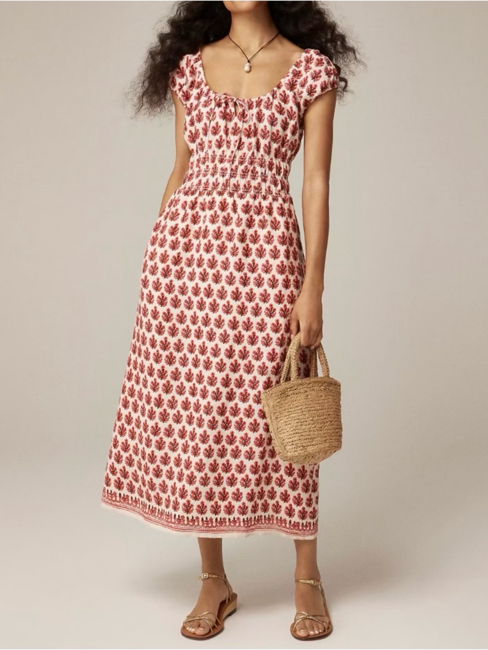 J Crew 100% linen block print cap sleeve midi dress